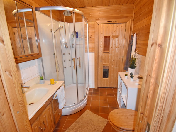 Badezimmer im Erdgeschoss mit WC, Dusche und Sauna